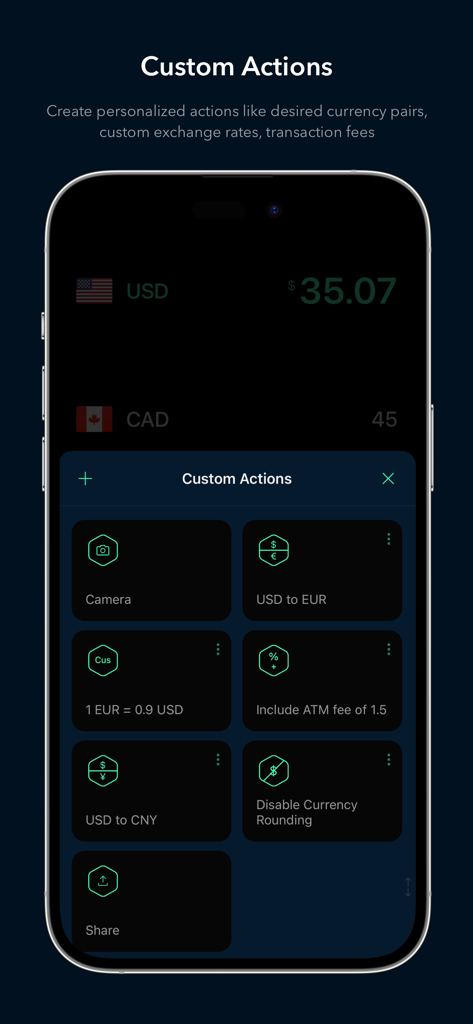 Screenshot dell'app Currenzy che mostra azioni personalizzate per la conversione di valuta su iPhone