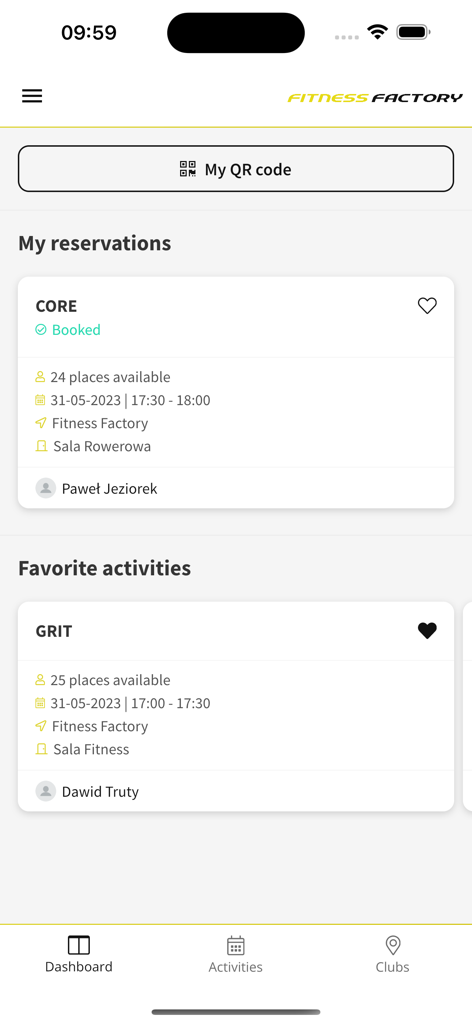 Fitness Factory - フィットネスファクトリーアプリのダッシュボード、予約済みクラスとQRコードでの入場アクセスが表示されています