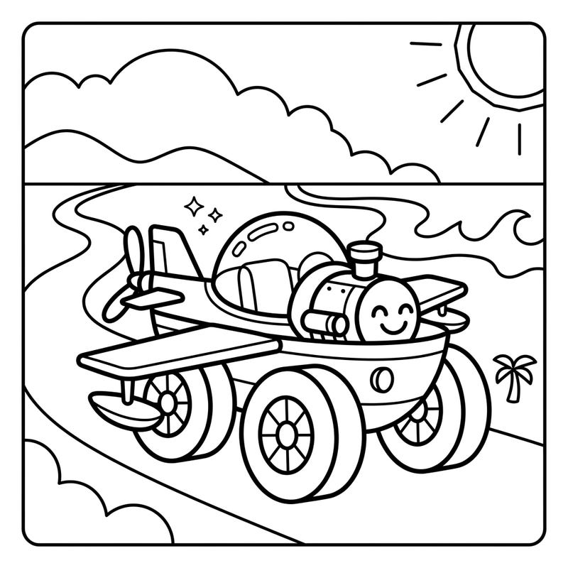 Get ready for an exciting journey with this delightful toddler coloring page featuring a unique multi-vehicle on a sunny vacation. Designed with thick lines and large shapes, it's perfect for little ones developing their motor skills while exploring creative colors.