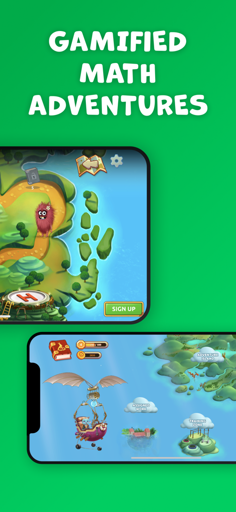 Prévia do aplicativo de jogo de matemática Matific mostrando o mundo da ilha interativa e mapas de aventura