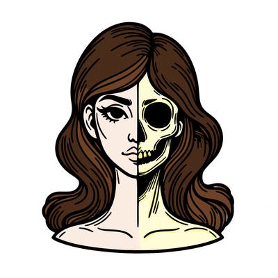 bust of a woman, half face and hair, half skull