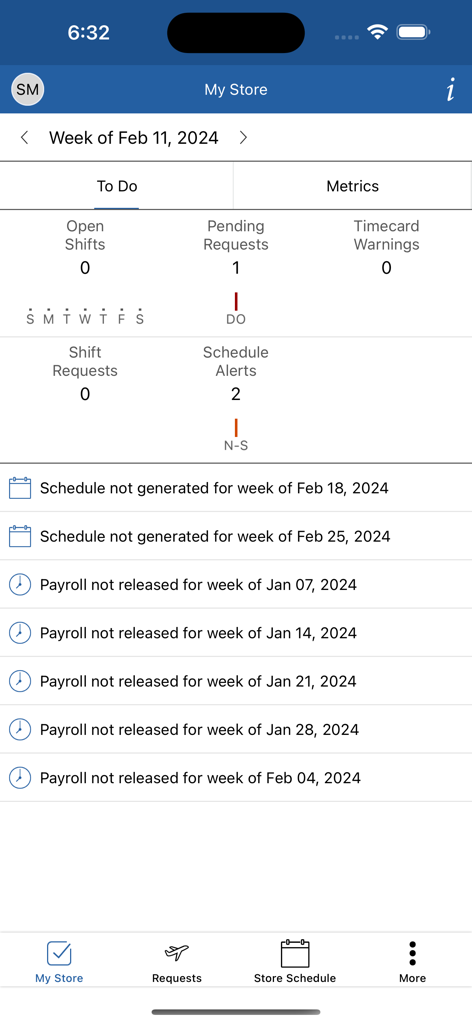 SM 45 Zebra app interface showing a store manager dashboard with pending tasks and schedule updates