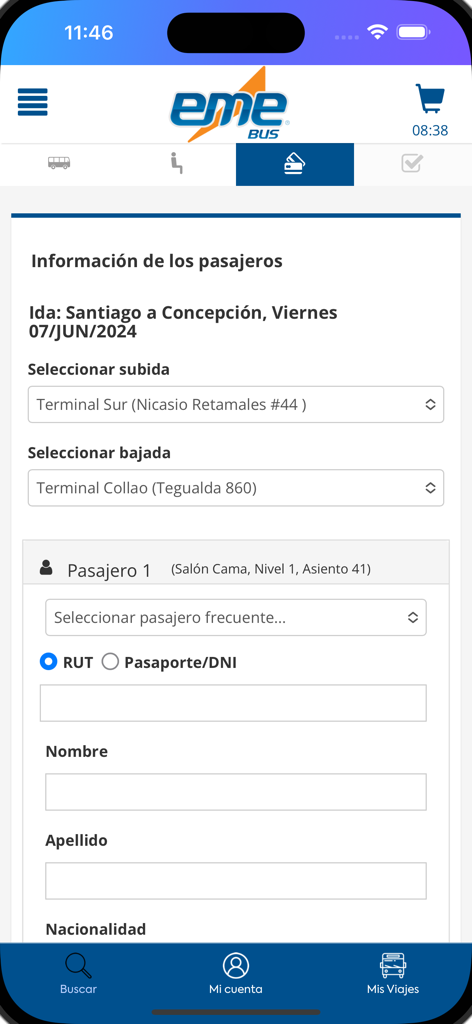 EME Bus - Formulario de información del pasajero de la aplicación móvil EME Bus para una reserva de viaje en autobús de Santiago a Concepción
