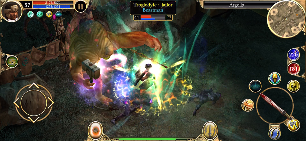 Titan Quest: Legendary Edition - Gameplay screenshot of Titan Quest Legendary Edition showing a hero character using magic abilities to fight a large Troglodyte Jailor beastman in the Argolis region