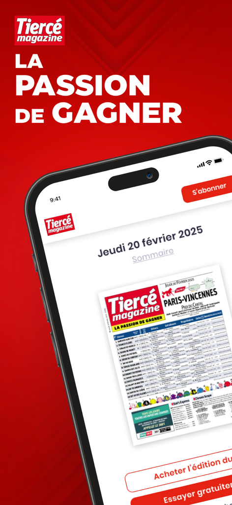 Smartphone screen displaying the Tierce Magazine app with horse racing race details and subscription options.