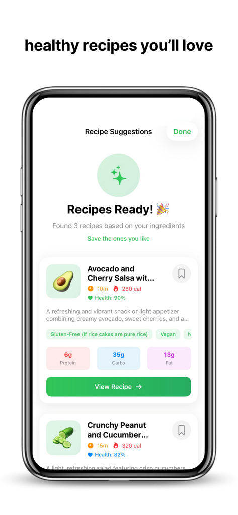 Mobile app screen displaying healthy recipe suggestions based on ingredients with nutritional information