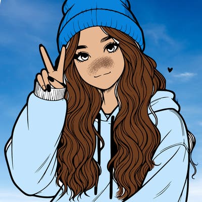 a teenage girl in a beanie, oversized sweatshirt, wavy long hair, and is showing a ✌️