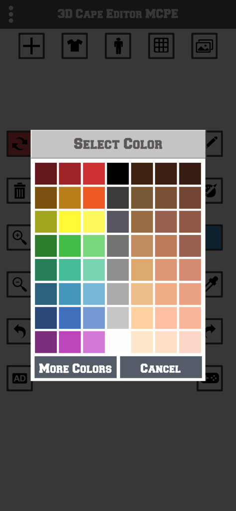 Minecraft cape skin editor color selection menu grid with various shades