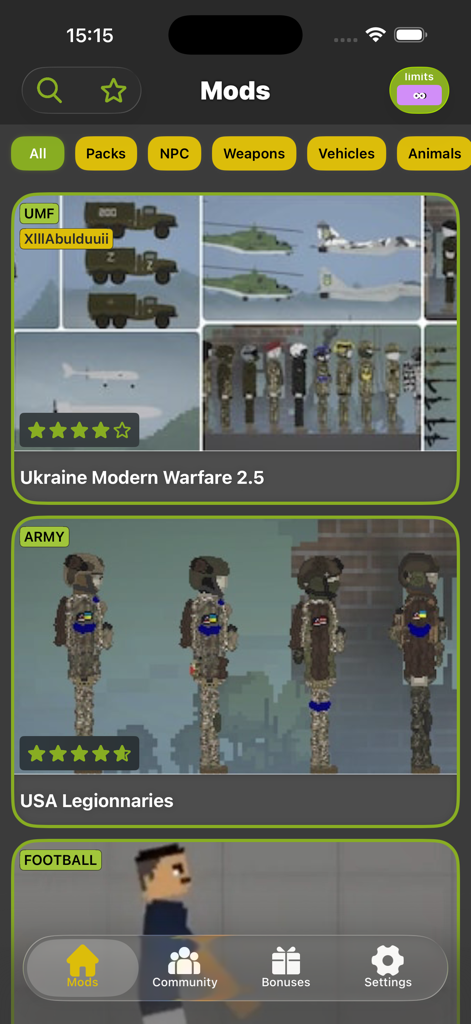 Ragdoll Mods: Guns and Skins - Ragdoll Mods 앱의 인터페이스로, Melon Sandbox용 군사 무기 및 병사 스킨 팩을 보여줍니다.