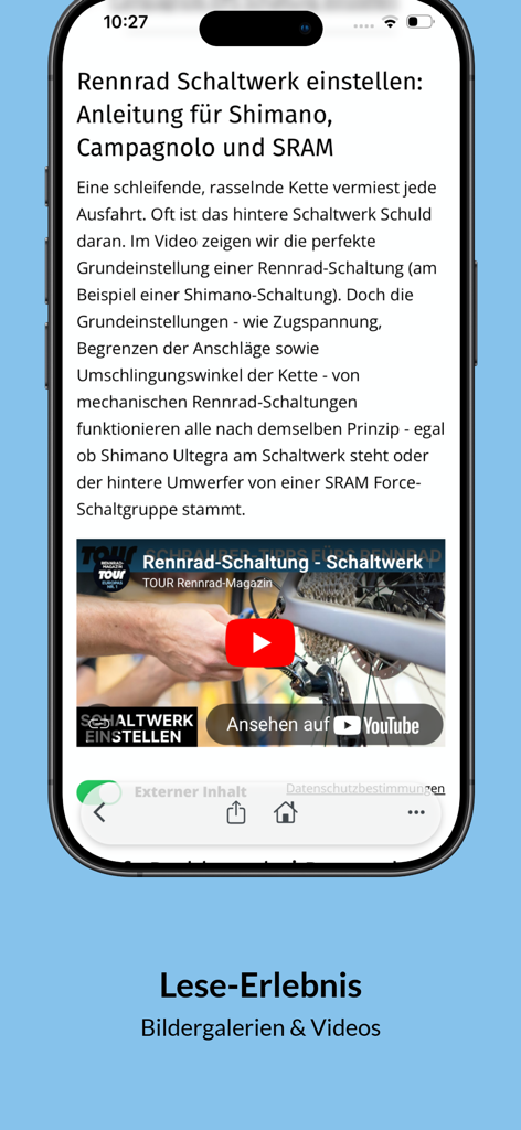 TOUR - Captura de pantalla de la aplicación TOUR que muestra una guía de ajuste de cambios de bicicleta de carretera con un tutorial de video incrustado