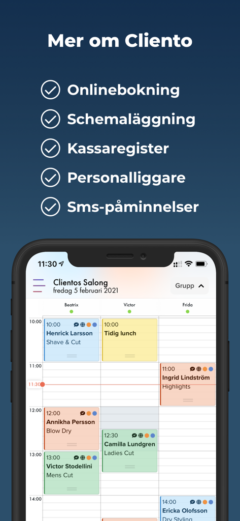 Cliento - Smartare bokningar - Interfaccia dell'app mobile Cliento che mostra un calendario di appuntamenti aziendali con più appuntamenti del personale e un elenco di funzionalità tra cui prenotazione online e promemoria SMS