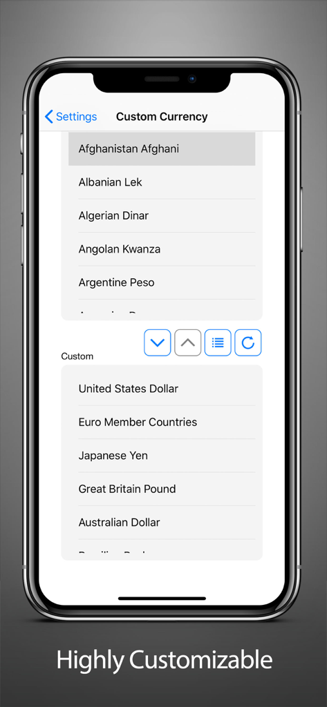 Unit Converter - Pro Units App - Screen showing custom currency selection and reordering in the Unit Converter Pro app