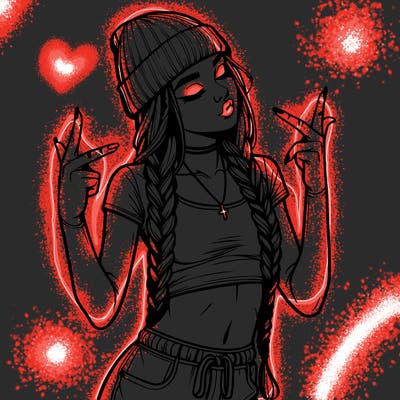 realistic teenage girl with braids and a beanie and crop top doing 🫶🏼
