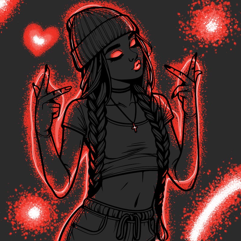 realistic teenage girl with braids and a beanie and crop top doing 🫶🏼