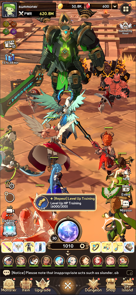 Summoners War: Rush - In-game screenshot of Summoners War Rush showing various fantasy monsters battling a giant green boss unit on a stone battlefield.