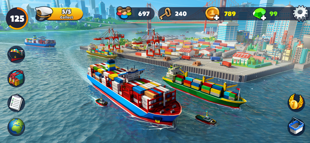 Port City: Ship Simulator - Un puerto digital bullicioso con grandes y coloridos buques de carga y contenedores en el juego de simulación de ciudad portuaria
