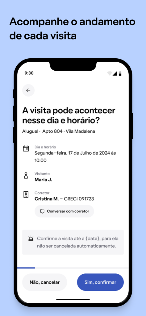 QuintoAndar: Aluguel e Compra - QuintoAndar app interface for confirming a scheduled property visit with date and realtor details.