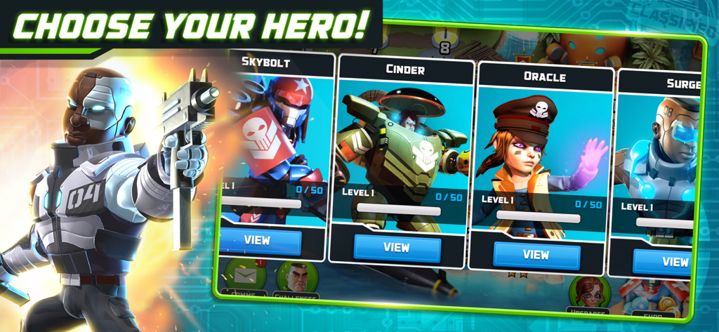 Menú de selección de héroes en Alien Creeps TD con varios personajes de ciencia ficción como Skybolt y Cinder