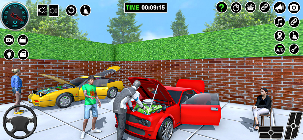 Car Dealer Job Simulator Games - A mechanic character inspecting the engine of a red sports car in a dealership simulation game.