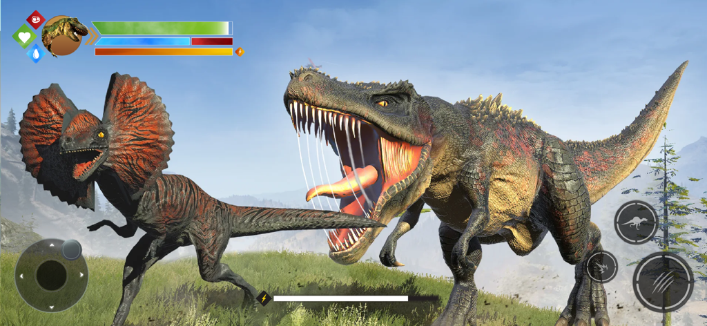 3D gameplay scene of Jurassic Dinosaur Simulator showing two dinosaurs fighting in a field
