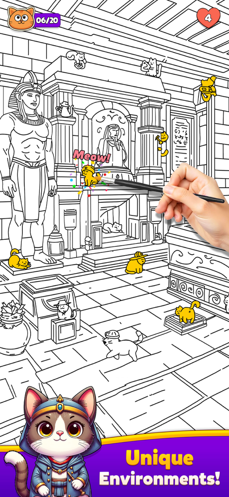 Spot The Cat- Hidden Objects - Ein Bildschirm eines Wimmelbildspiels, der eine ägyptisch thematisierte Strichzeichnungsszene zeigt, in der Spieler versteckte gelbe Katzen finden und antippen.