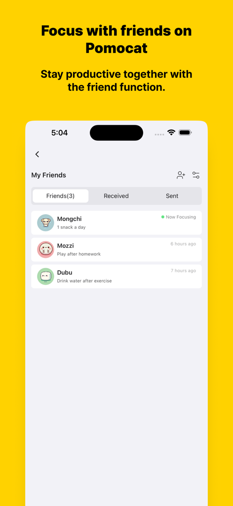 Pomocat - Adorable Focus Timer - A screenshot of the Pomocat app showing the My Friends screen with a list of friends and their current focus status for social productivity.