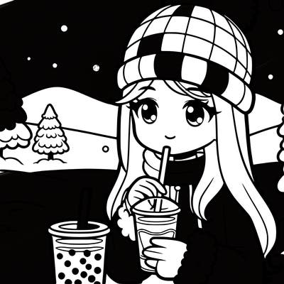 girl in winter clothes in winter drinking boba with her friend