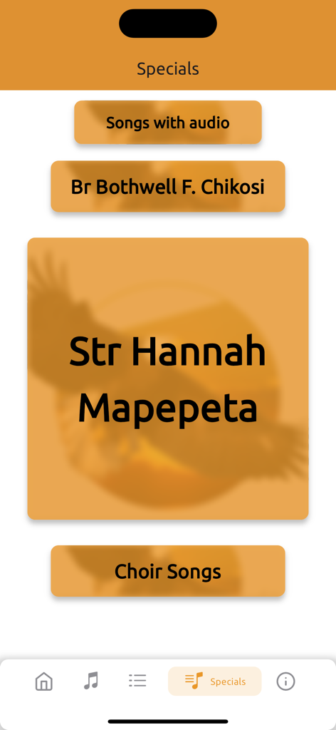 Specials menu in the Spoken Word Songbook app featuring buttons for songs with audio and featured singers.
