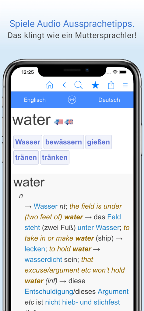 Deutsch-Englisch Wörterbuch. - Screenshot of the Deutsch-Englisch Woerterbuch app showing the translation of water with audio pronunciation tips.