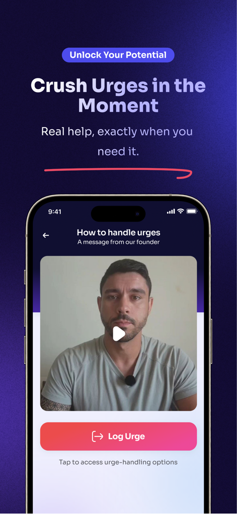 Quit Porn Now BeFree - BeFree app screen displaying a founder video on how to handle urges with a red Log Urge button
