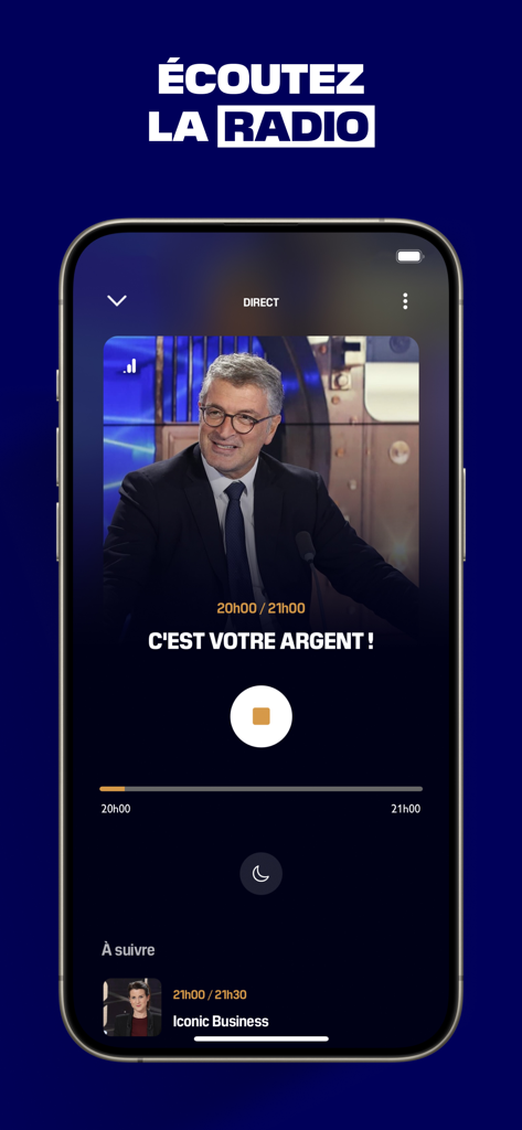 BFM Business: news éco, bourse - Pantalla de la aplicación BFM Business mostrando una transmisión de radio en directo del programa C est votre argent