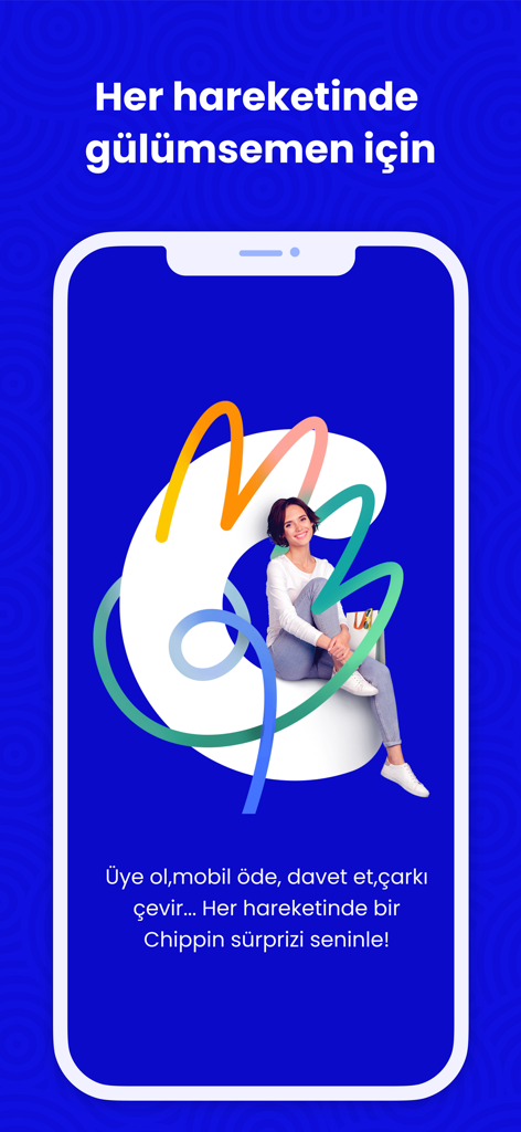 Una pantalla de smartphone que muestra la interfaz de incorporación de la aplicación Chippin con una mujer sonriente y texto promocional de recompensas de fidelización