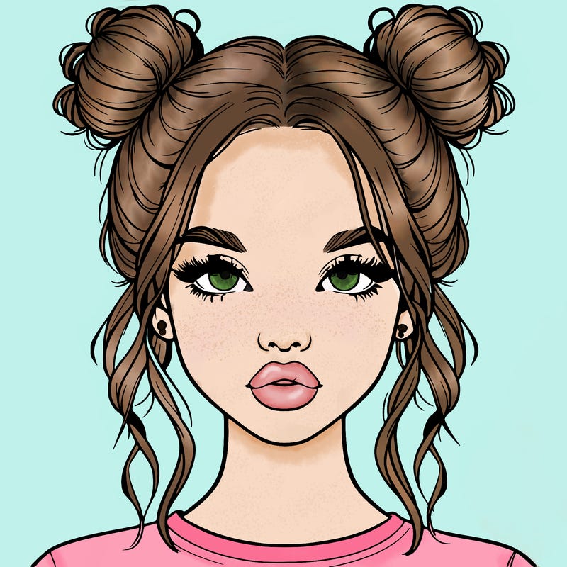realistic girl with two buns in hair and lips