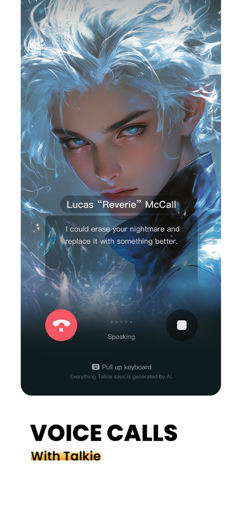 Interface of a voice call with an anime-style AI character named Lucas in the Talkie app