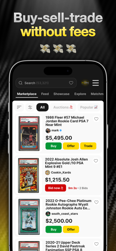 Schermata del marketplace dell'app My Card Post che mostra gli elenchi di carte sportive per comprare, vendere e scambiare