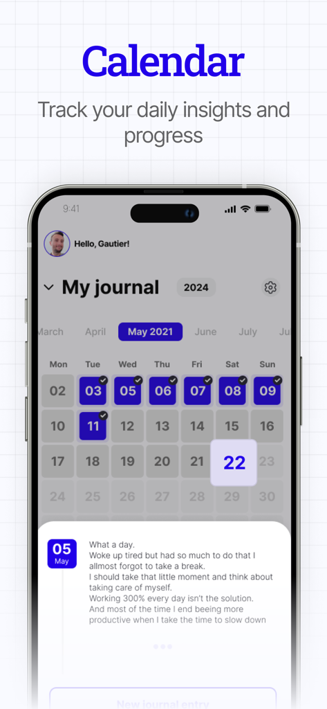 Daily Journal: ULY - Daily Journal ULY app calendar interface showing monthly progress and a specific journal entry preview