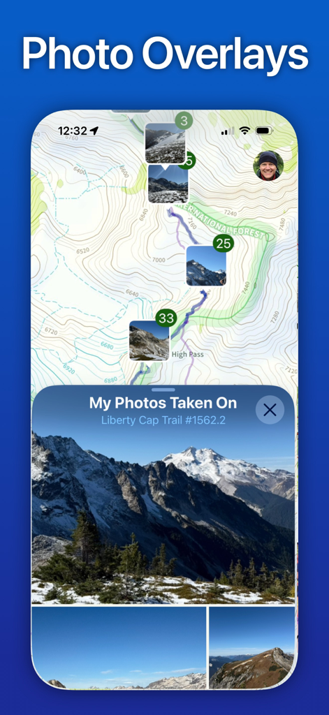 Topo Maps+ - Topo Maps plus app displaying geotagged photos as overlays on a topographic hiking trail map.