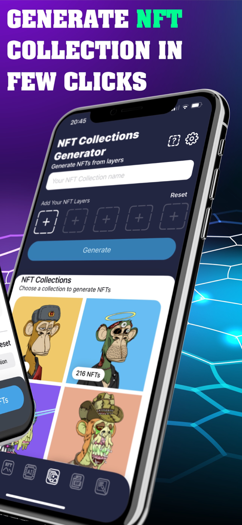 Mobile app screen showing the NFT Collections Generator feature to create digital art from layers with a generate button