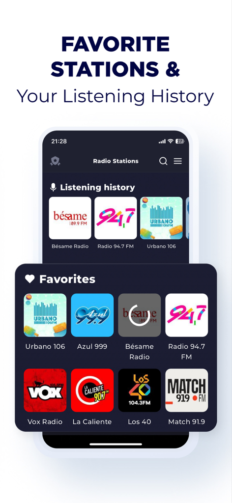 Favorite stations and listening history in Radio Costa Rica app