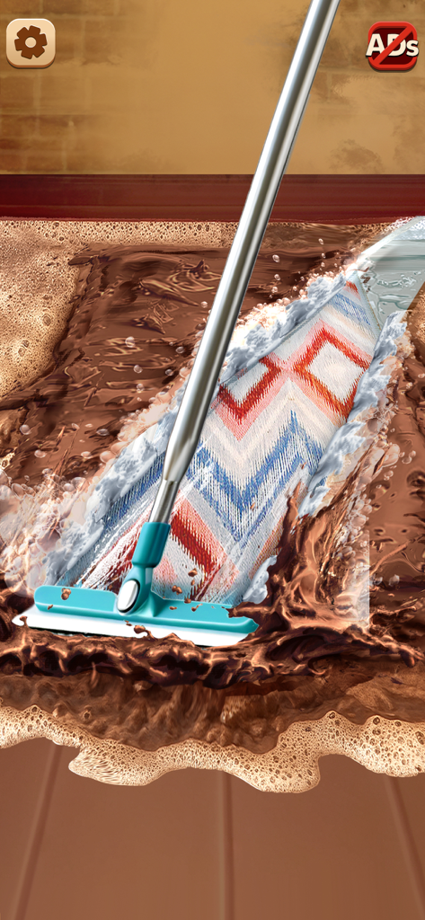 Satisfying rug cleaning gameplay showing thick mud being scraped away to reveal a colorful carpet