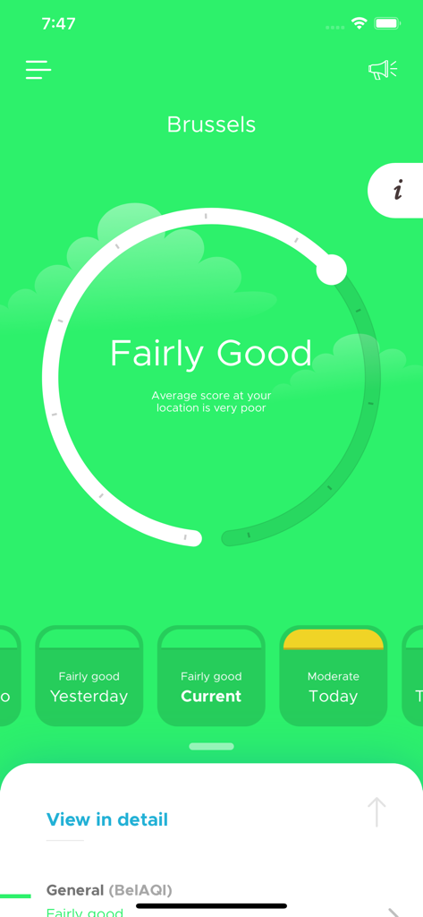 BelAir - BelAir app interface showing current air quality score for Brussels