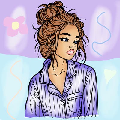 realistic woman with pajamas on and a messy bun