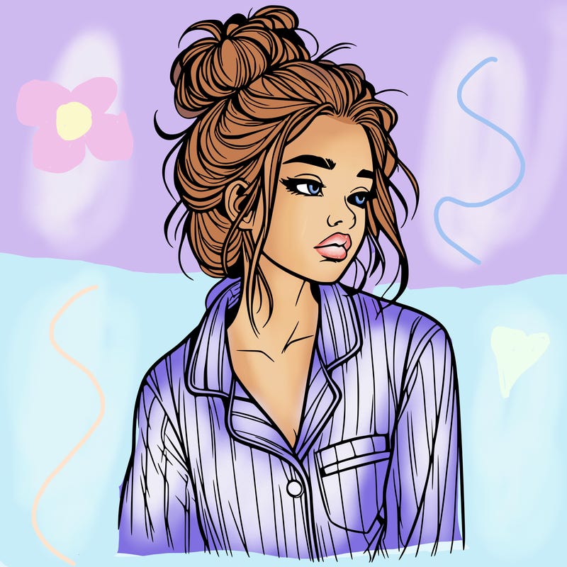 realistic woman with pajamas on and a messy bun