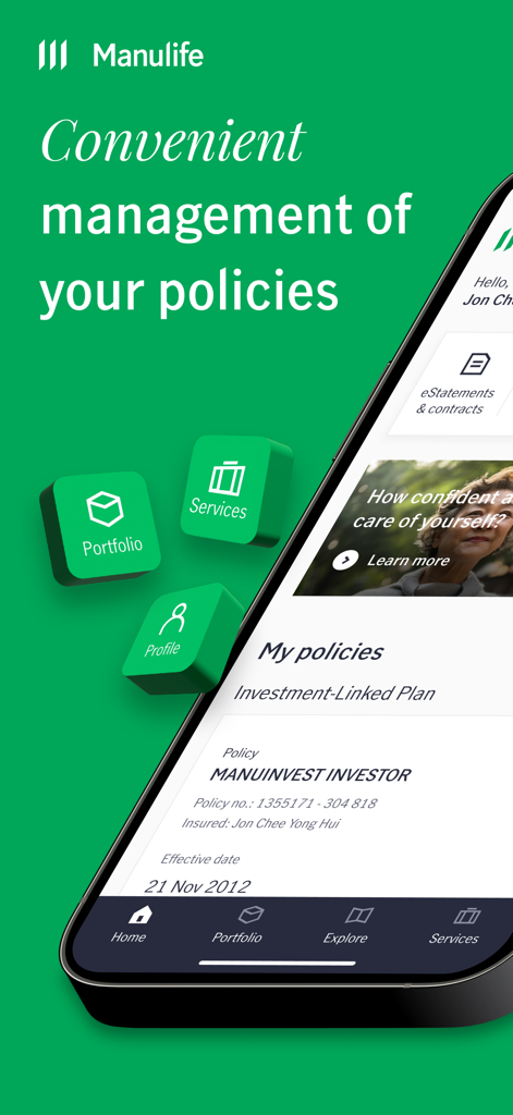 Manulife Singapore mobile app interface displaying policy management and investment portfolio features
