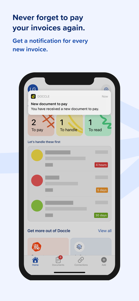 Doccle - A smartphone showing the Doccle app interface with a new document notification and a dashboard of pending invoices and tasks.