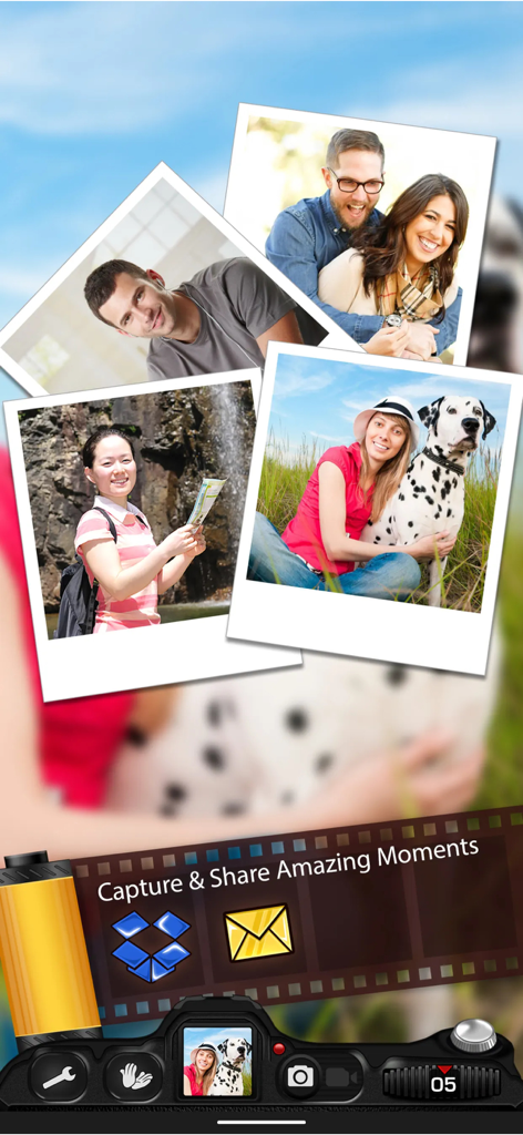 Timer Auto Camera app screen showcasing a photo collage and sharing options with a camera timer interface.