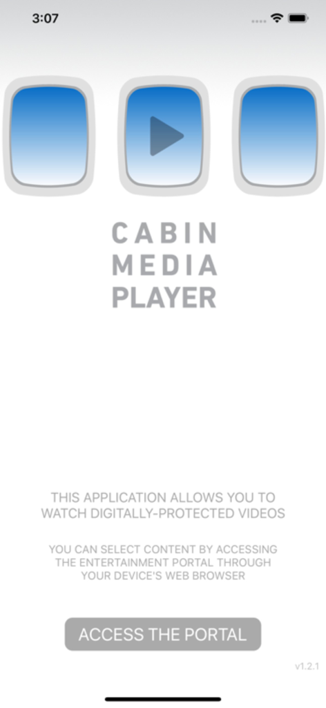 Cabin Media Player - Cabin Media Player app home screen featuring airplane window graphics and a button to access the inflight entertainment portal.