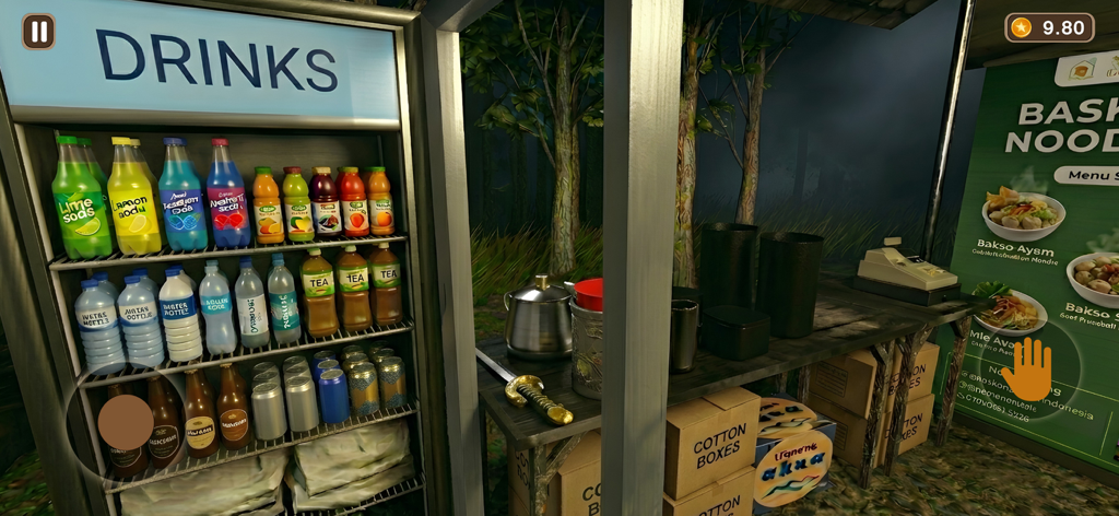 Baksu Noodles Horror Anomalies - Interior view of a roadside bakso noodle stall at night featuring a drink fridge and menu board in a horror simulation game.
