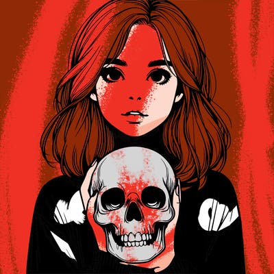 realistic girl holding a skull