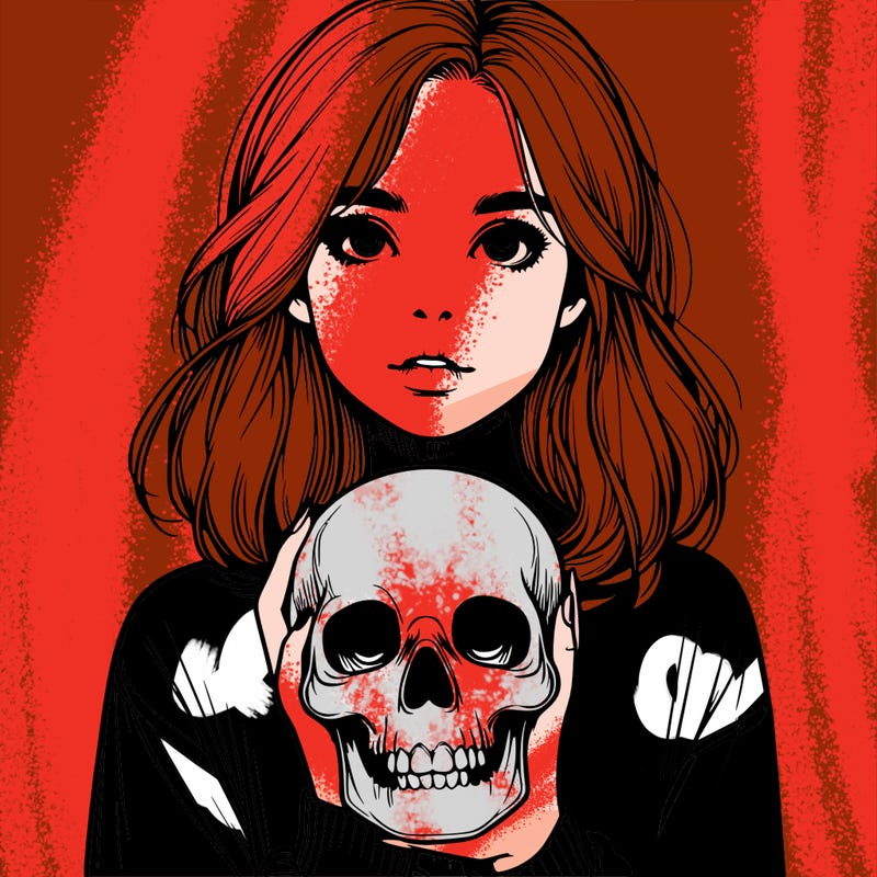 realistic girl holding a skull